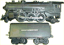 Early Lionel O Gauge Locomotive - Details are realistic, but the length of the locomotive has been compressed, and at least one pair of wheels has been left out to compensate.