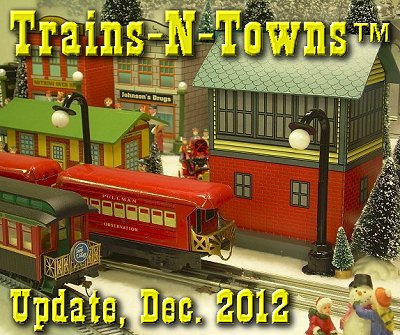 The official e-newsletter of Big Indoor Trains<sup><small>TM</small></sup> and Big Christmas Trains<sup><small>TM</small></sup>.  World-class putz builder Howard Lamey built all of the buildings and lampposts in this photo. There's a link to Howard's site, which contains all of the instructions and graphics further down the page. Click for bigger picture.