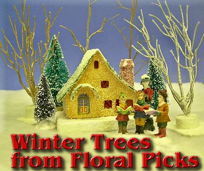 Add color and texture to your putz or Christmas village with easy, inexpensive winter trees. Click for bigger photo